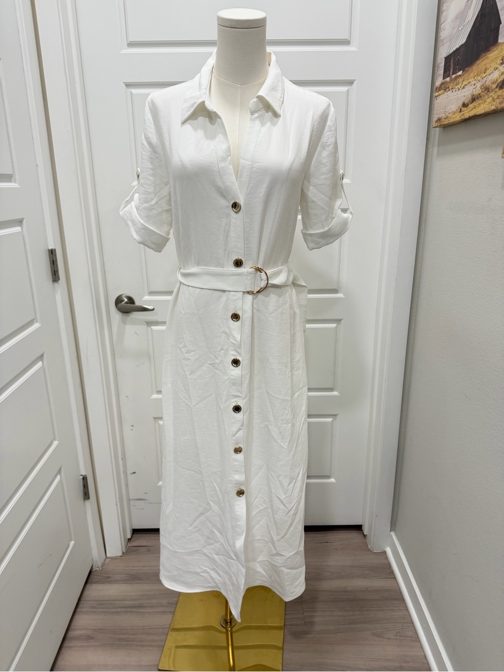 Zara White Button-Front Maxi Shirt Dress with Belt
